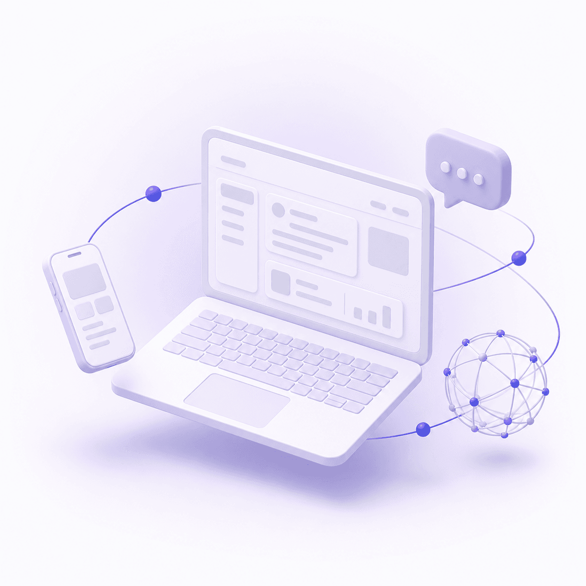 Ilustração 3D de notebook e dispositivos conectados representando desenvolvimento de software e IA